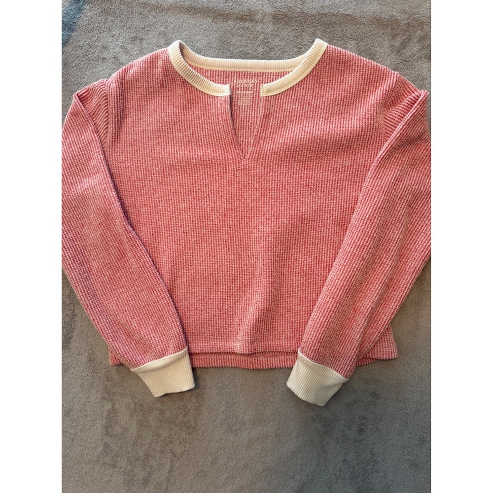 American Eagle AE Lounge Waffle Knit Top Red White Stripe Split Neck Small